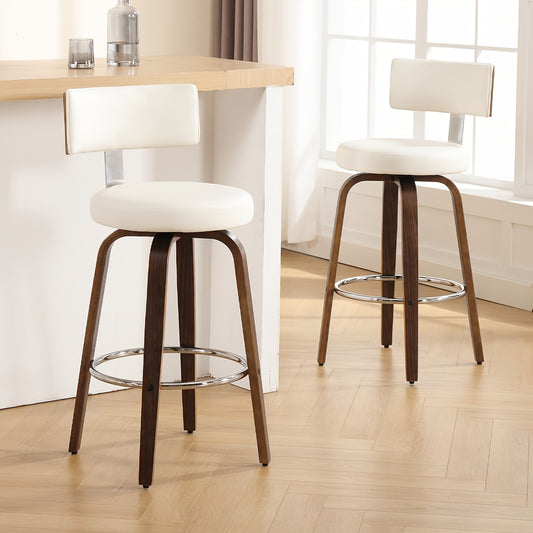Bar Stools Set of 2, Faux Leather 360° Swivel Barstools with Back and Round Seat, Modern 26"/29" Bar Height Upholstered Bar Chairs Island Stools for Kitchen Counter, Walnut Bentwood Legs