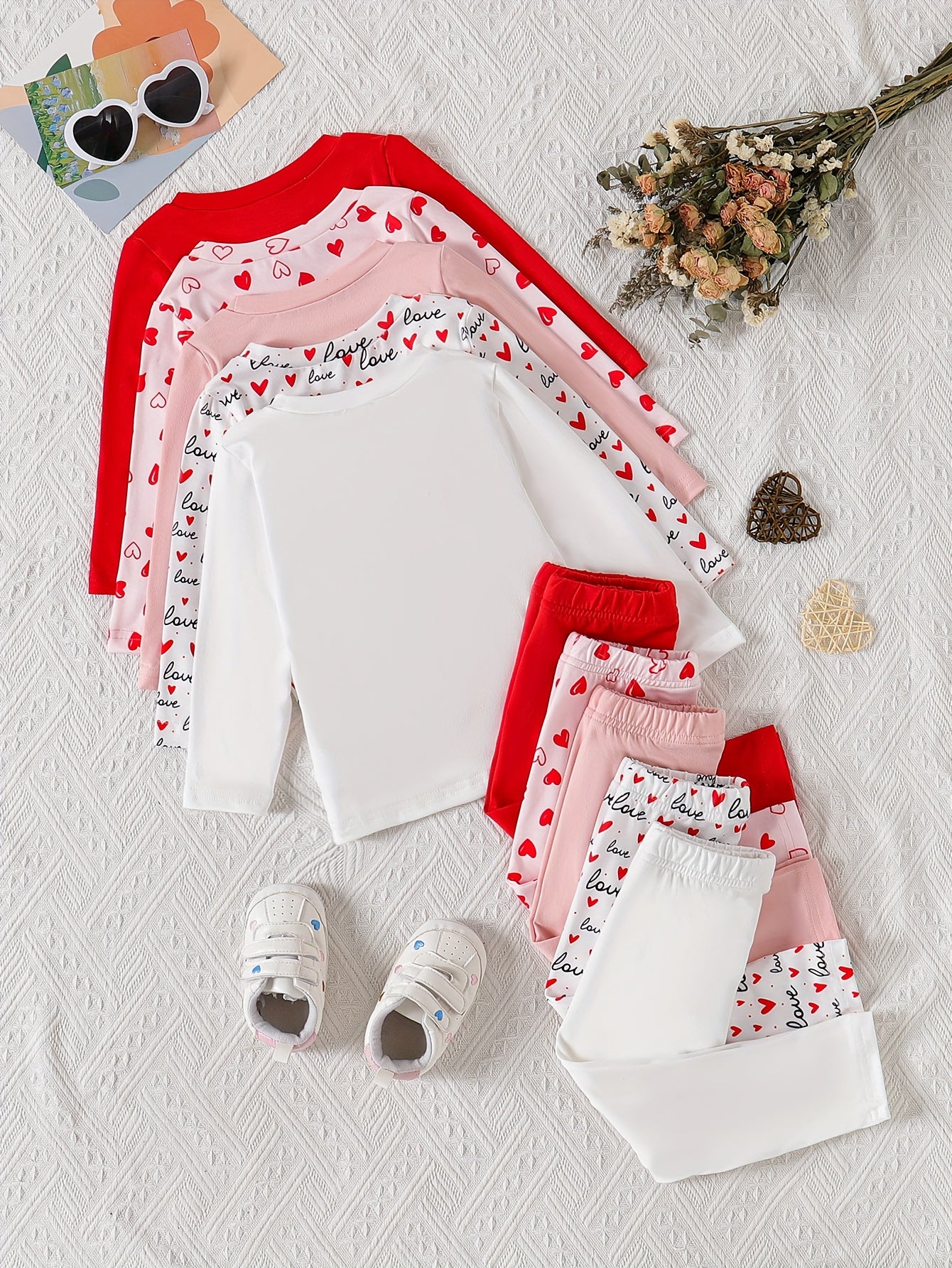 10pcs Baby Girls' Casual Long Sleeve & Pants Set - Cute & Heart Print, Soft Stretchy Fabric, Loose Fit, Spring/Fall Outdoor Playwear, Perfect for Daily Wear, for Outdoor