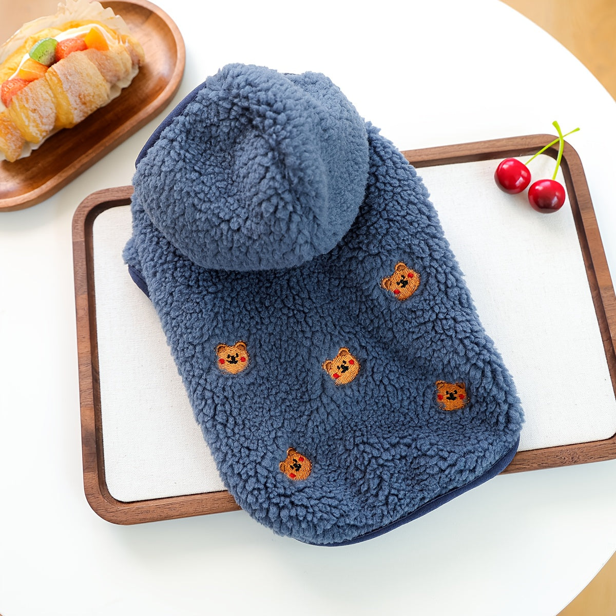 Soft Knitted Puppy Sweater with Fluffy Pom-Pom Hat - Winter Warm Dog Coat for Small Breeds, Snap Button & Zipper Closure, Cozy Blue Floral Design, Durable & Comfortable for Pomeranian, Chihuahua, Shih Tzu - Ideal for Photosho