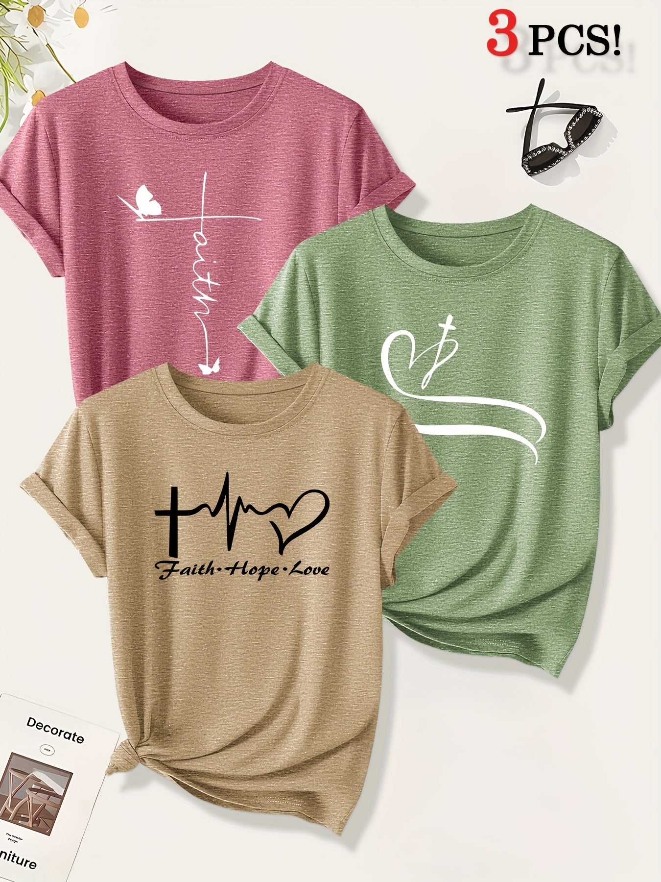 [Christian Cross T-Shirts] A Set of Three Women's Christian Cross Pattern Short-Sleeve T-Shirts Featuring Crosses, Hearts, And Butterfly Prints, Perfect for Casual Summer Wear. Stylish, Elegant, And Versatile, Available in Mu