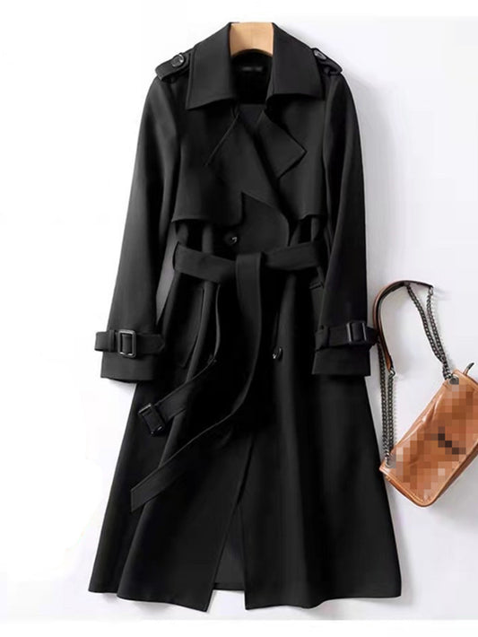 Women'S Classic Trench Coat - Elegant Belted Waist Mid-Length Jacket with Button Front Closure, Long Sleeve Solid Color Coat with Chest Pocket | Structured Collar & Smooth Texture | Spring/Fall Outerwear for Casual & Formal O