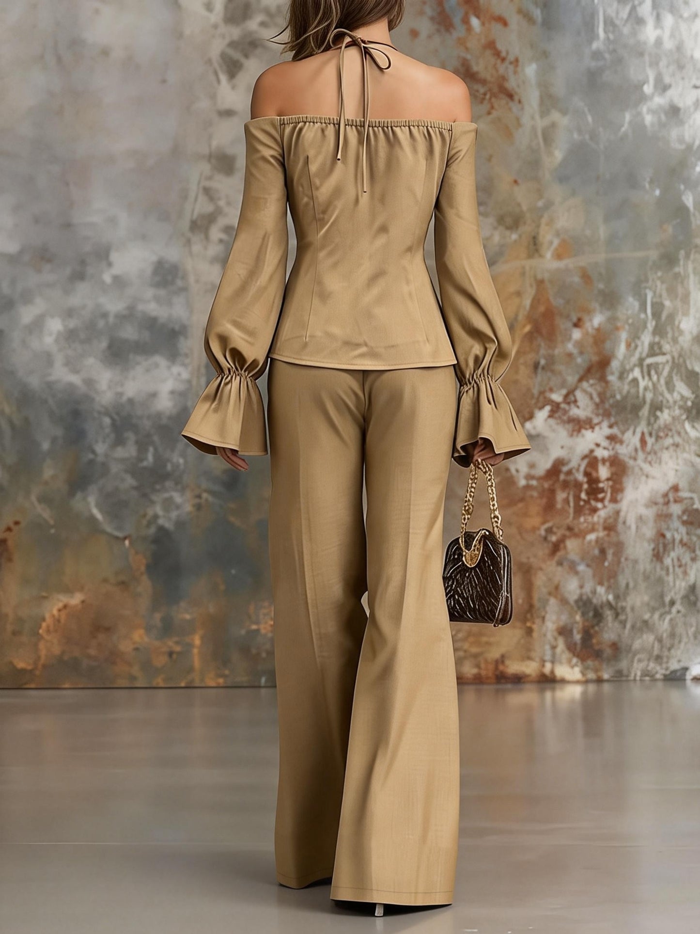 [Women's Khaki Pants Set] Urban Elegance Off-the-Shoulder Tie-Neck Lantern Sleeve Long Sleeve Zipper Front Top and Fashionable Casual Wide-Leg Long Pants Women's Khaki Pants Set