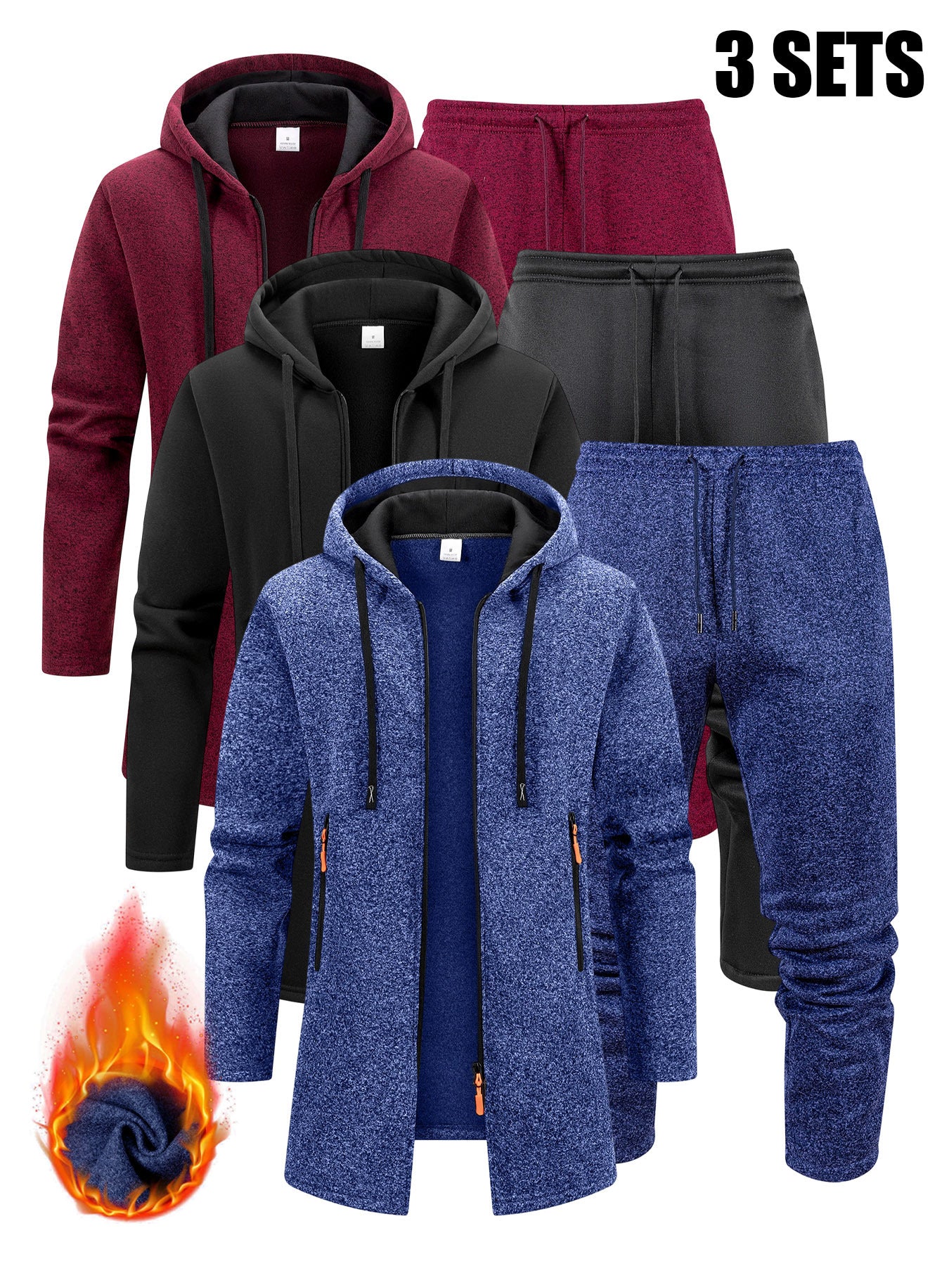 Three Interchangeable Korean-Style Casual Outfits for Men • Trendy Colors That Exude Sophistication • Comfortable And Warm Set Includes a Hooded Fleece Jacket • Drawstring Pants That Have Pockets