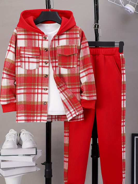 Versatile • 2pcs Tween Boys' Shirt and Pants Set • Warm Plaid Patchwork Hooded Button-Up & Jogger Sweatpants • Loose Fit Machine Washable • Outdoor Casual Wear
