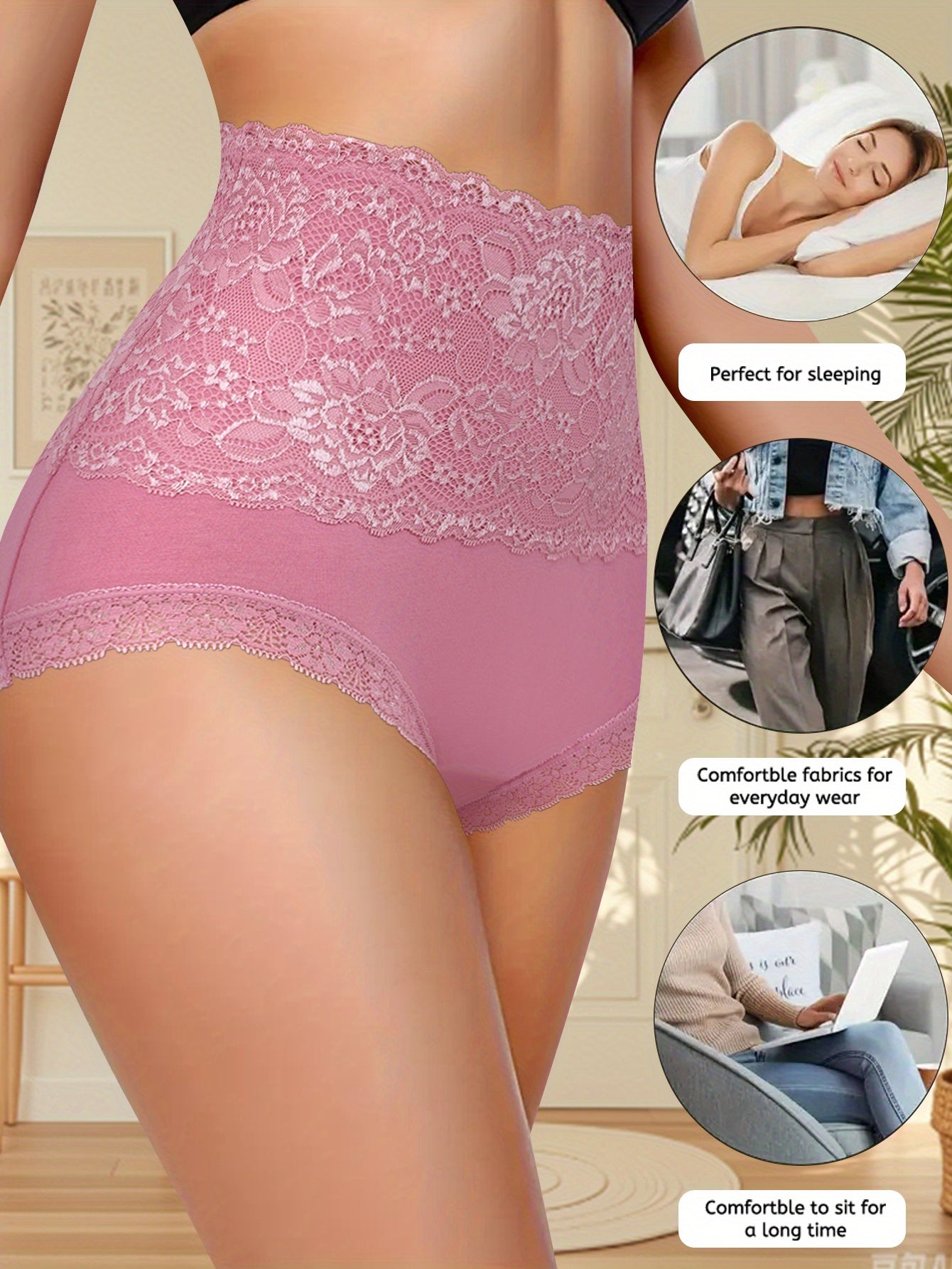 9pcs QUASTI Women's High-Waisted Panties - Elegant Solid Color, Lace-Trimmed, Breathable Comfort Fit, Contrast Lace Trim, High Waistband for Everyday & Special Occasions, Versatile Panty Wear, Sophisticated Underwear, Smooth