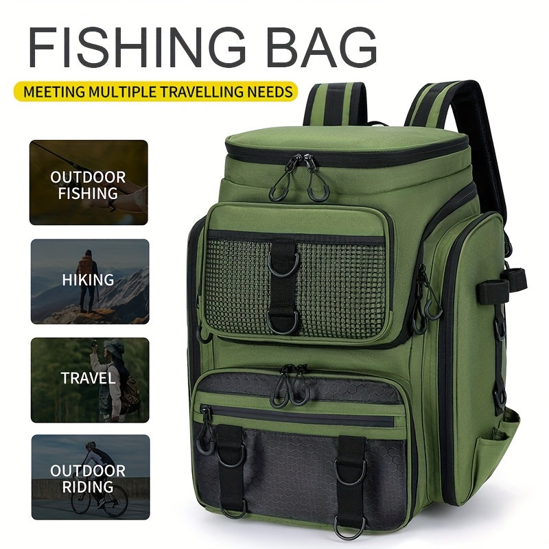 Large Capacity Heavy-Duty Multi-Functional Lure Backpack - Heavy Fishing Rod Holder, Tackle Storage Bag with Multiple Compartments, Durable Outdoor Travel Backpack for &,, Camping, Hunting (Khaki, Zipper Closure)