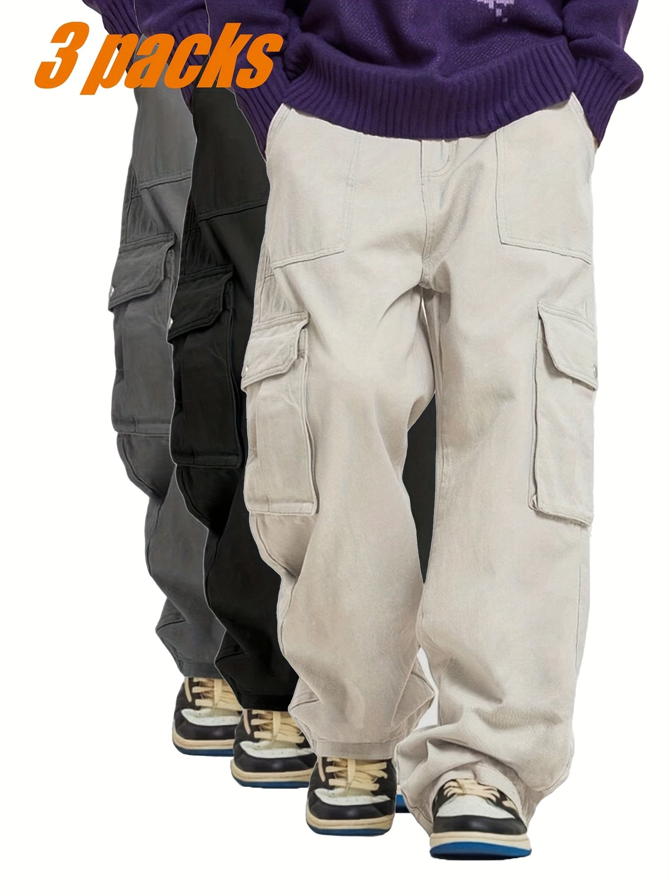Men's casual multi-piece solid color fashionable multi-pocket cargo pants [Three-piece set]