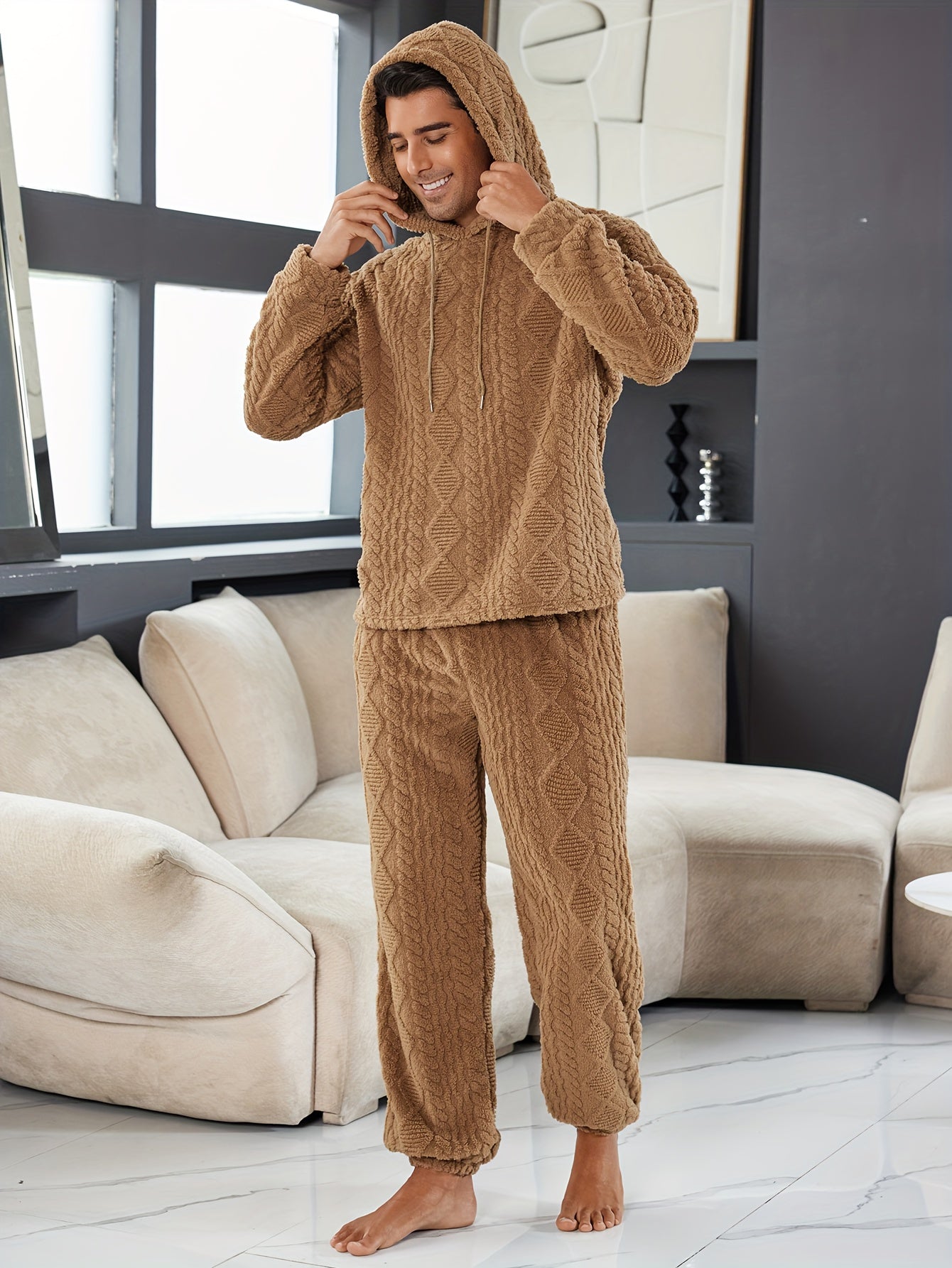 Solid Color • Plush Jacquard • Hooded • Men's Loungewear Set