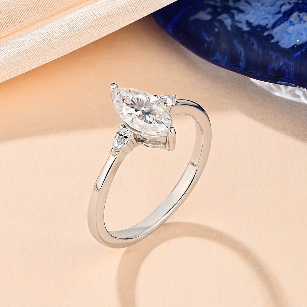 1pc Of 2.3g Silvery 925 Ring. Marquise - Shaped Moissanite Set, Small Moissanite On Shank. Minimalist, Sparkling, Unique & Eye - Catching. Great for Engagements, Proposals. Jewelry Gift for Girlfriends Or Wives., Anniversary