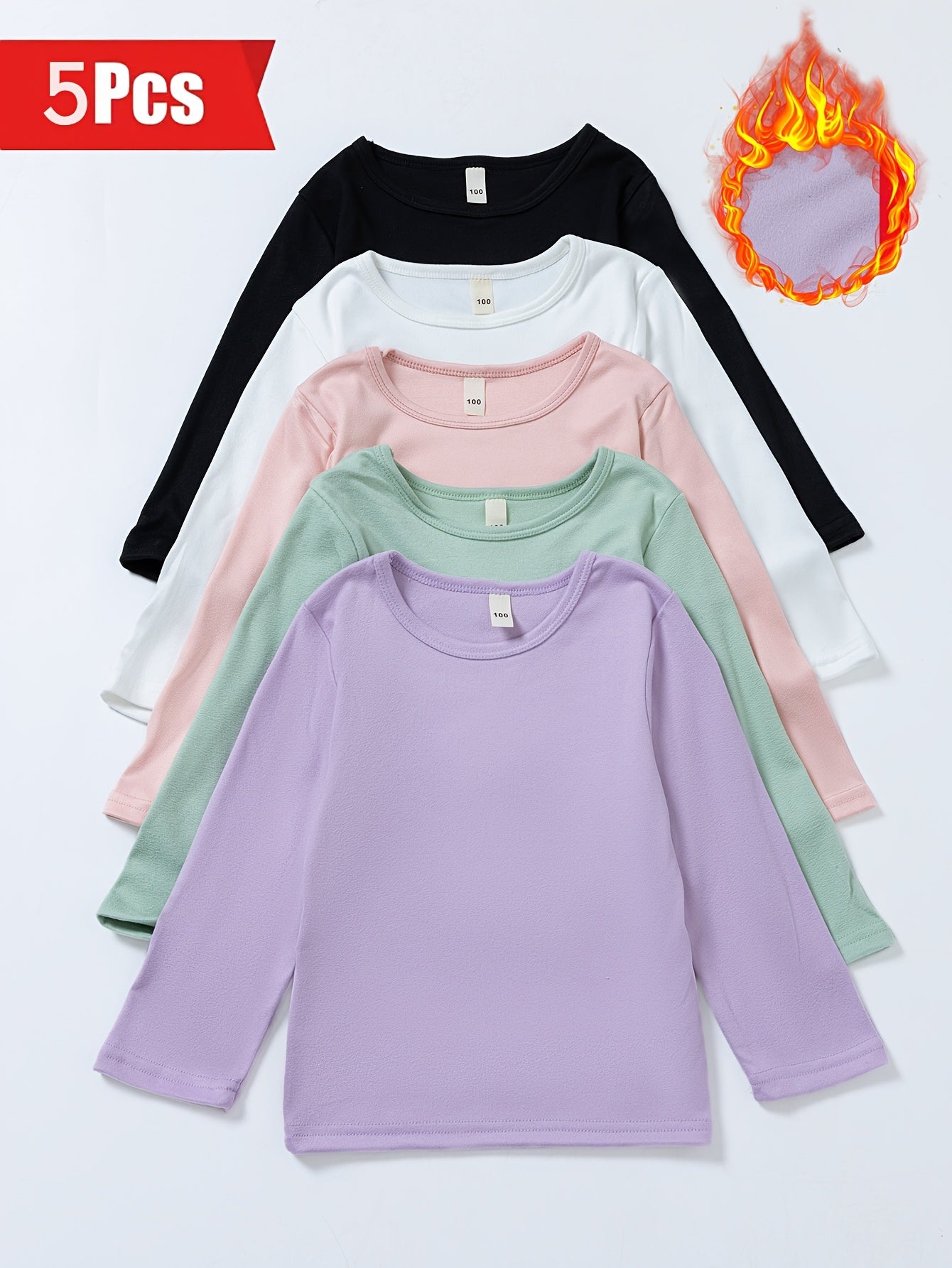 5pcs Girls' Thermal T-Shirts - Soft Warm Winter Long Sleeve Tops, Solid Color Round Neck Casual Blouses, High-Elastic Fabric for Easy Layering, Hand Washable ' Everyday Cold Weather Clothing (5pcs Bundle)