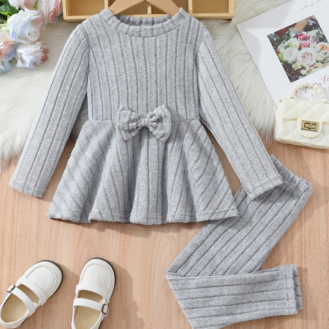 [Chic | Fall/Winter] Cozy Fleece-Lined Girls' Bow-Knot Long Sleeve Dress & Pants Set | Solid Color, Machine Washable | Perfect for Fall/Winter, Perfect for Outdoor