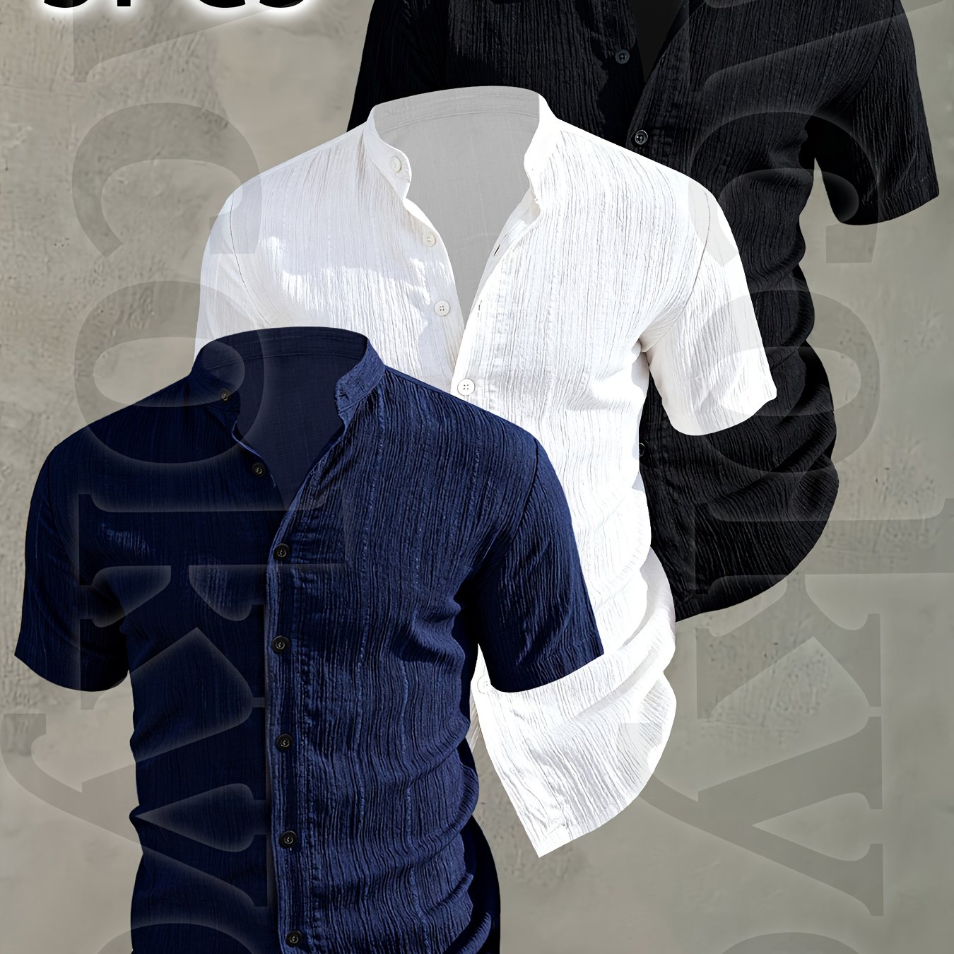 3pcs Set Men's Summer Short Sleeve Shirts • Lightweight Breathable Solid Color Button Casual Shirts with Stand Collar • Ideal for Beach Vacations, Pool Parties, and Daily Wear