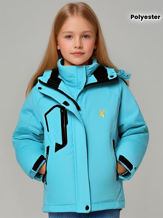 Girls' Thickened Warm Ski Jacket, Made from Wear-Resistant Polyester Fabric, Featuring a Thickened Fleece Lining, a Removable Thermal Liner, a Hooded Design, And Suitable for Outdoor Activities Like Mountaineering And Skiing.