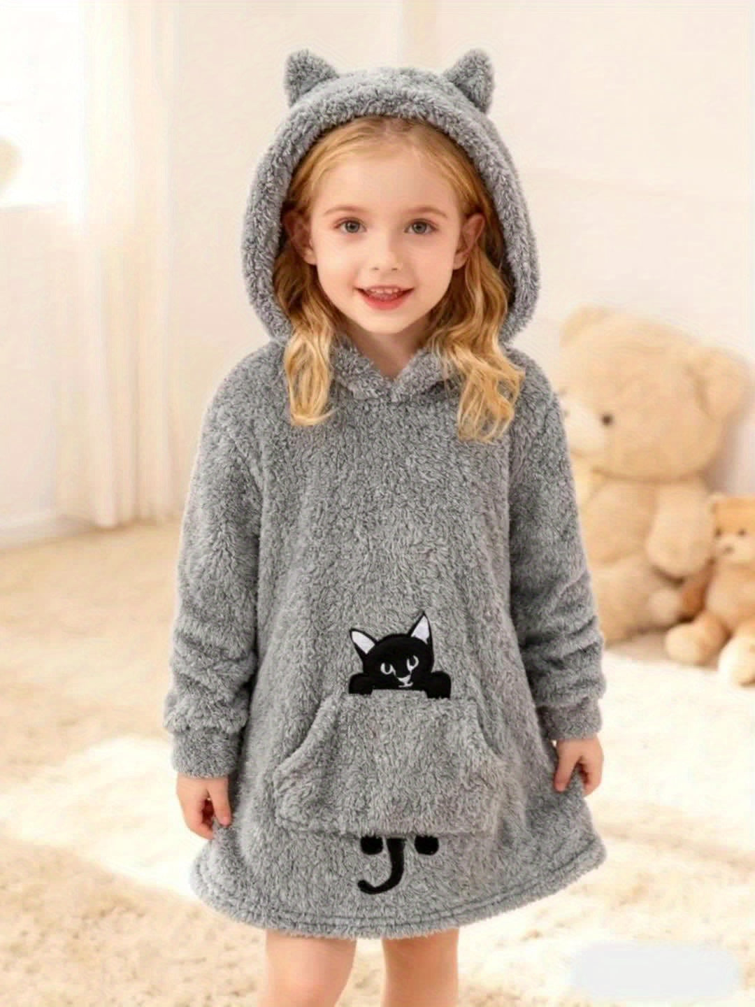 [Cute Sweatshirts for Teens] Cozy Fleece Hooded Sweatshirt for Girls - Soft Plush Cat Print Pullover, Long Sleeve Winter Jacket, Casual Everyday & Outdoor Wear, Playful Design, Comfortable Teen Clothing