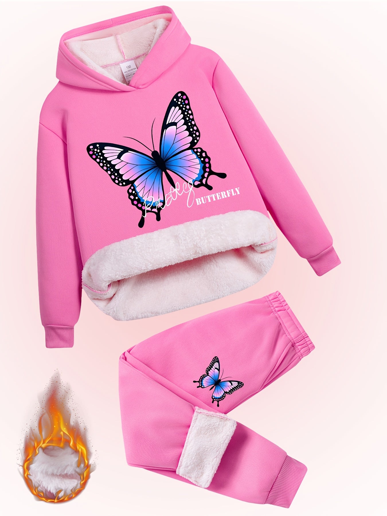 2pcs Girls' Butterfly Print Fashionable Versatile Hoodie + Pants Set, Winter Plush Lined Warm Comfort Casual Outfit for Daily and Outdoor Activities, Perfect for Outdoor