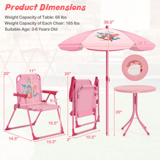 COSTWAY Kids Picnic Table & Chair Set with Height-Adjustable Umbrella, 2 Folding Chairs & Safety Belt - Heavy-Duty Steel Frame & High Quality Tabletop, Collapsible Portable Outdoor/Indoor Activity Center for Backyard, Beach,