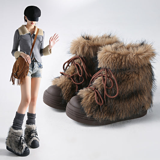 Women'S Vintage Furry Snow Boots with Plush faux fur Collar & Thick PVC Sole - Warm Winter Round Toe Boots, Durable Fabric Upper & Non-Slip Traction for Cold-Resistant Comfort, Casual & Semi-Formal Outfits (Brown) - 2025 Tren