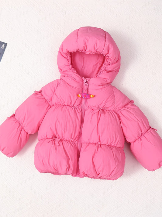 Girls' Winter Warm Hooded Jacket with Heart & Bow Accent - Cute Red Coat, Full-Zip Front Closure, Soft Polyester, Cozy Fall/winter Outerwear For Everyday & Special Occasions, Winter Clothes For Girls, Fall Winter Wear, Playfu