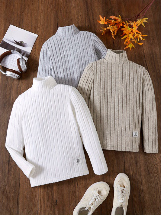 [3pcs Boys' Sweater Set] 3pcs Boys' Sweater Set, High Neck Warm Knitwear Tops, Striped Solid Long-Sleeve for Autumn/Winter, New Arrival Teenager Comfortable Casual Fashion School Season