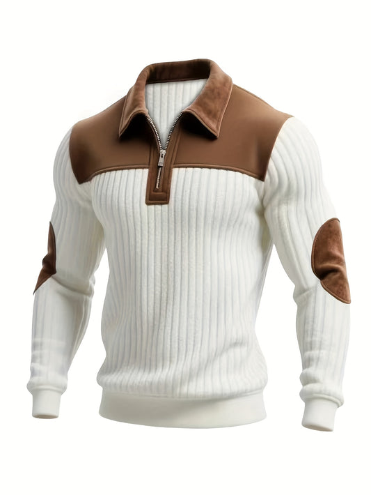 Men's 2-in-1 Color-Block Sweshirts - White & Brown Stand Collar Zipper Jacket/Pullover, Thick Warm Winter Sweater for Fall, Machine Washable Casual Outerwear Suitable for Daily Wear & Commuting