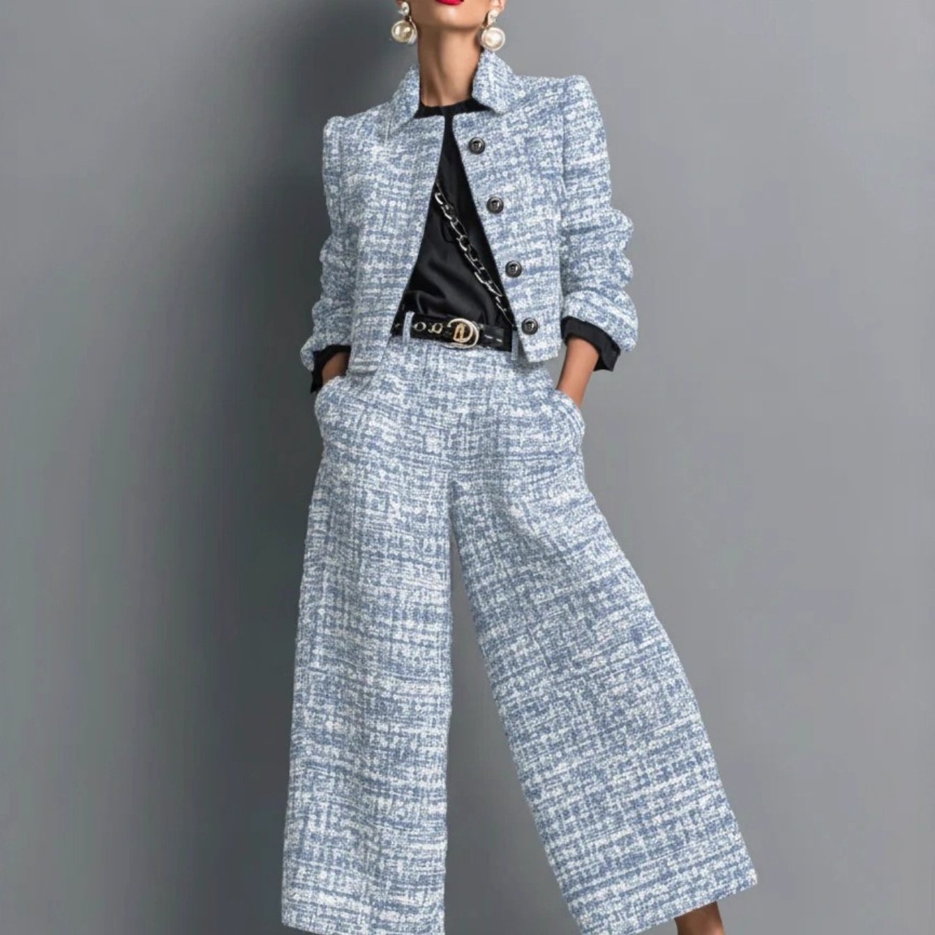 Plus Size, HERTALK's new lapel slim Women's style long-sleeved short jacket paired with wide-leg pants set