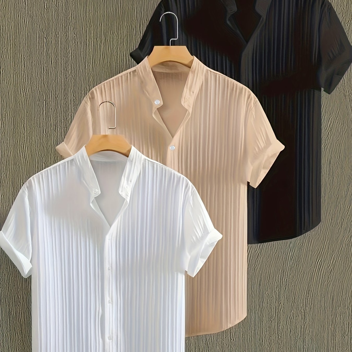 [Men's Summer Shirt] Men's Summer Solid Color Short-Sleeve Stand-Collar Shirt, Breathable And Comfortable Fabric Button-Up Top, Casual And Stylish Versatile Outfit Set, Three-Piece Beach Vacation