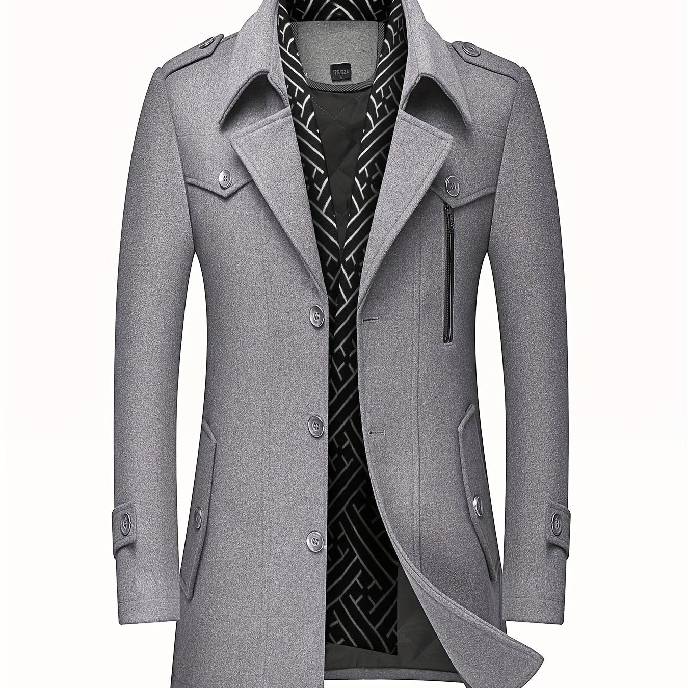 Men's Wool Blend Winter Coat with Detachable Scarf/Collars - Single-Breasted Trench Coat, Pocket & Durable - Warm Pea Jacket for Cold Weather, Casual & Formal Outfits (Hand Wash/Dry Clean)