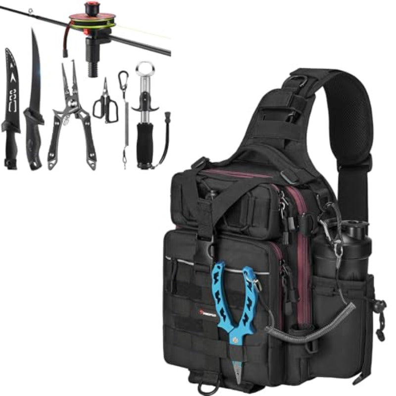 Fishing Tackle Bag with Rod and Gear Holder Lightweight Sling Tackle Storage Bag 6pc Fishing Tool Kit