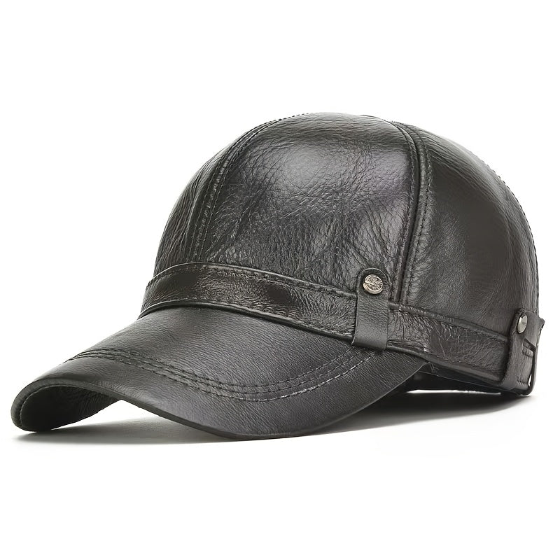 Genuine Leather Men's Hat, Top-Grain Leather Cap, Casual Outdoor Baseball Hat with Adjustable Strap