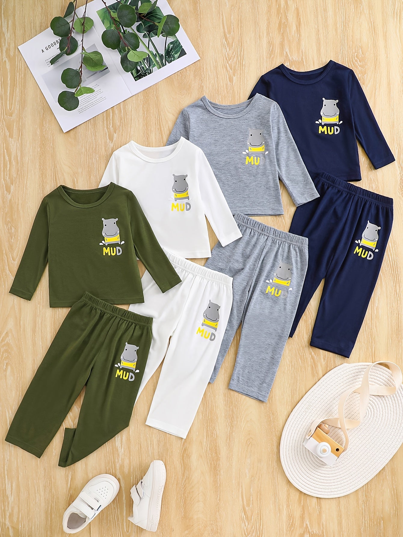 8pcs Set of Autumn Collection for Baby Boys: Simple, Comfortable, Trendy, And Fashionable, Featuring a Cartoon Hippo Pattern, Round Neck, Long Sleeves, And Elastic Waist Long Pants, for Outdoor, Perfect for Outdoor, Baby Boy