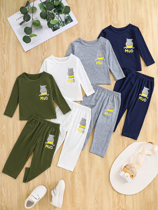 8pcs Set of Autumn Collection for Baby Boys: Simple, Comfortable, Trendy, And Fashionable, Featuring a Cartoon Hippo Pattern, Round Neck, Long Sleeves, And Elastic Waist Long Pants, for Outdoor, Perfect for Outdoor, Baby Boy