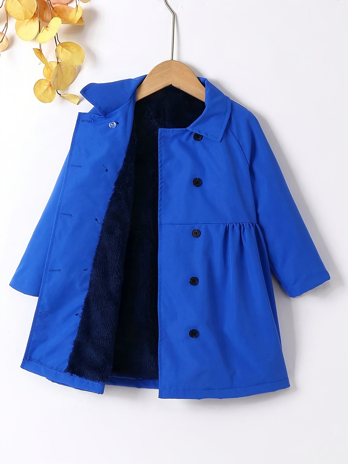 Girls' Cozy Fleece-Lined Double-Breasted Jacket - Solid Color Long Sleeve Casual Coat with Lapel Collar, Button Front & Side Pockets for Fall/Winter Outdoor Play, Hiking & Casual Attire, Hiking Apparel, Durable Outerwear, Gir