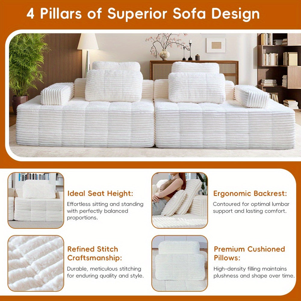 110-inch Modern Combination Living Room Couches, Corduroy Boneless Couch For Living Room, Fluffy 4-seater Cloud Couch, Sofa Bed, 4 Deep Modular Sectional Sofa For Living Room Furniture Set, Christmas Home Decor
