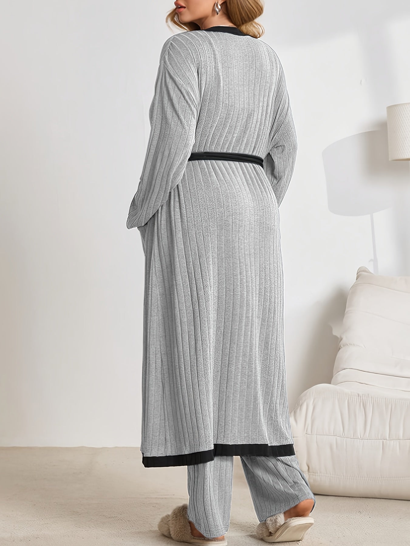 [Three-Piece Loungewear Set] New Autumn And Winter Fashion Warm Solid Color Ribbed Loungewear Set With Sleeveless V-Neck Tank Top + Straight Elastic Waistband Long Pants + Long Sleeve Color-Blocked Cardigan With Side Pockets