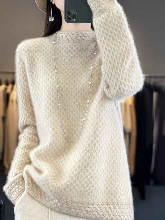 Women'S Thick 100% Sheep'S Hair Sweater - Vibrant Red Honeycomb Pattern Winter Warmth, High Neck Casual Elegant Sweater for Fall & Winter, Cozy Layered Outfit Essential, Hand Wash/Dry Clean, Durable & Soft Layering Top for Gy