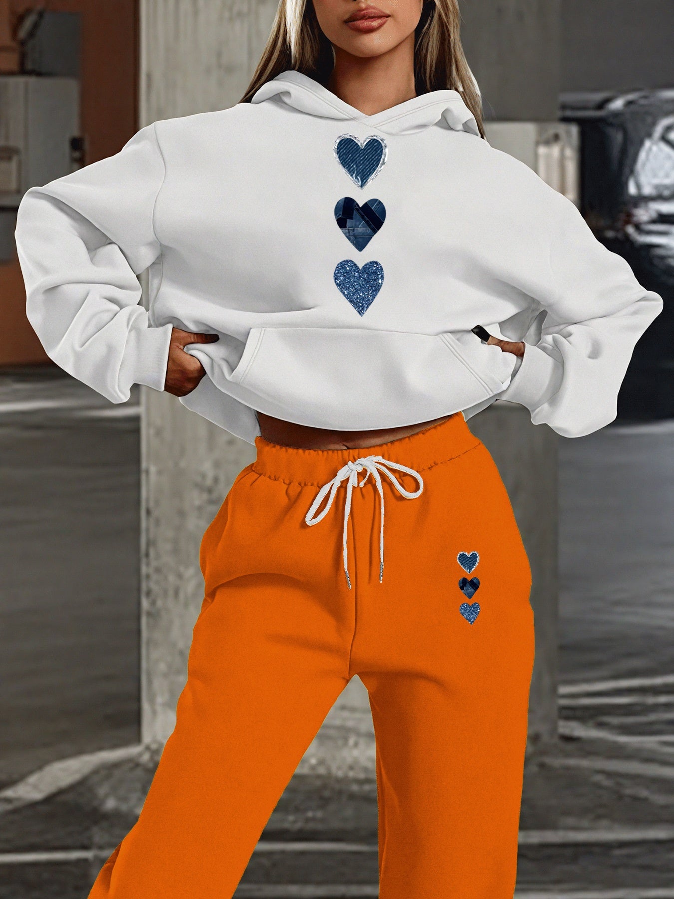 [Heart Print Hoodie Set] 2025 Autumn Winter Women's Casual Heart Print Hoodie & Sweatpants Set - Cozy Long Sleeve Pullover with Pockets, Light Purple, Perfect for Fall/Winter Outfits, Casual Wear|Heart Pattern Top|Pocketed Pa