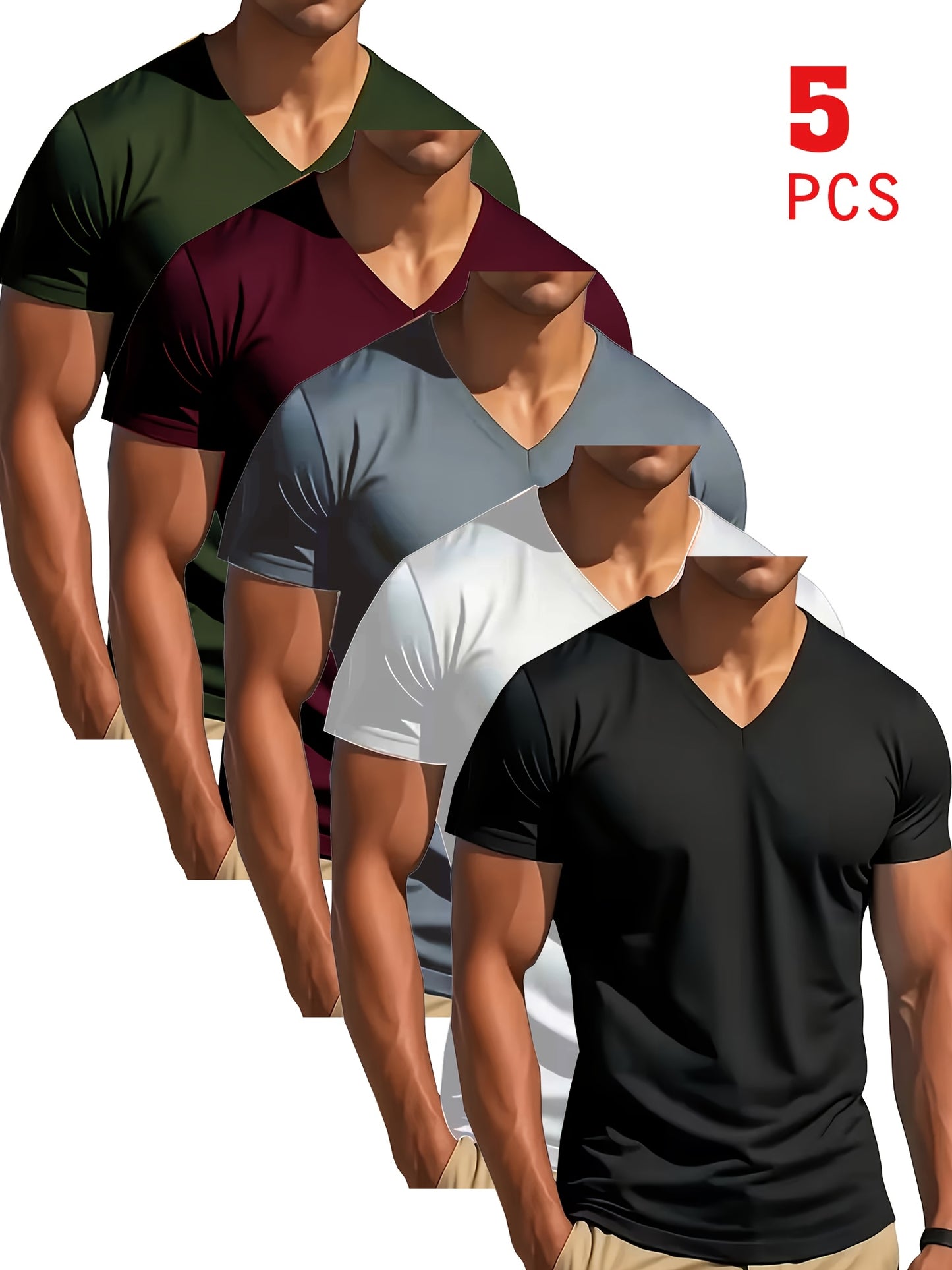 5-Pack Men'S V-Neck T-Shirts | Comfortable, Slightly Stretchable, Slim Fit, Versatile Design, Sportswear, Quick-Dry, Modern Style, Casual Sports Apparel