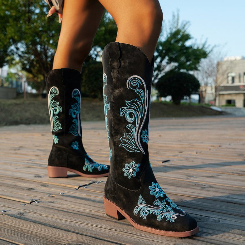 Pointed Toe Block Heel Western Boots | Women'S Pull-On High-Calf Low Heel Winter Boots, Rubber Upper, Sole