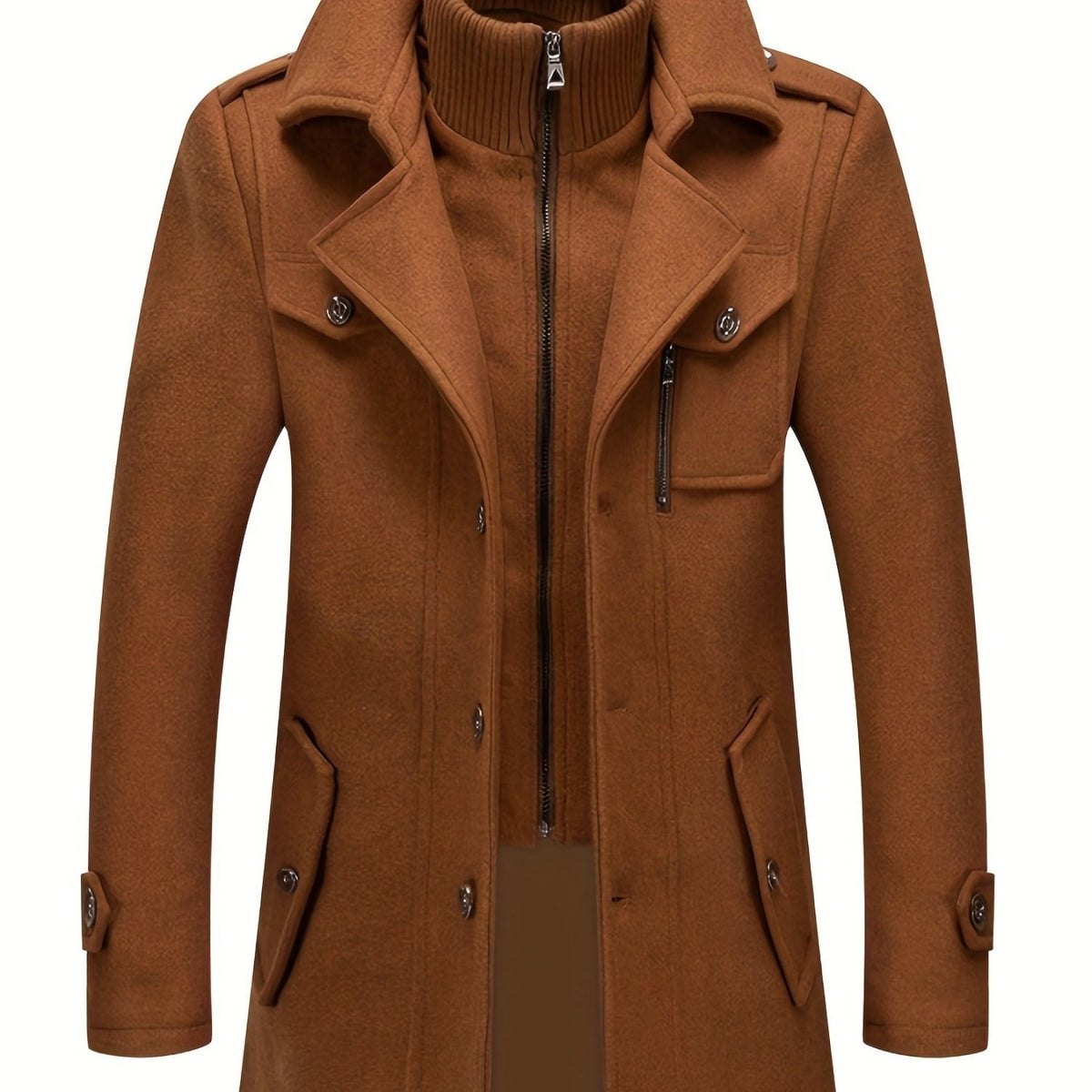 Men's Business Coat - Double Mid-Length Jacket with Collar & Single-Breasted Button Front, Warm Winter Coat Suitable for Office, Casual Wear - Solid Color Wool Jacket
