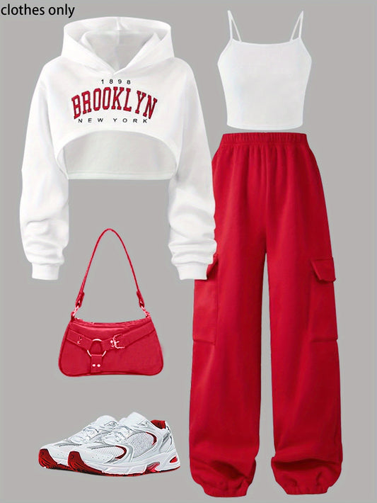 3pcs Girls' Winter Outfit Suit - Letter Print Hooded Sweater & Pockets Pants, Cozy Fall/Winter 3pcs Ensemble for, Parties, Playdates - Machine Washable to Teen Clothing (3pcs), Perfect for Outdoor