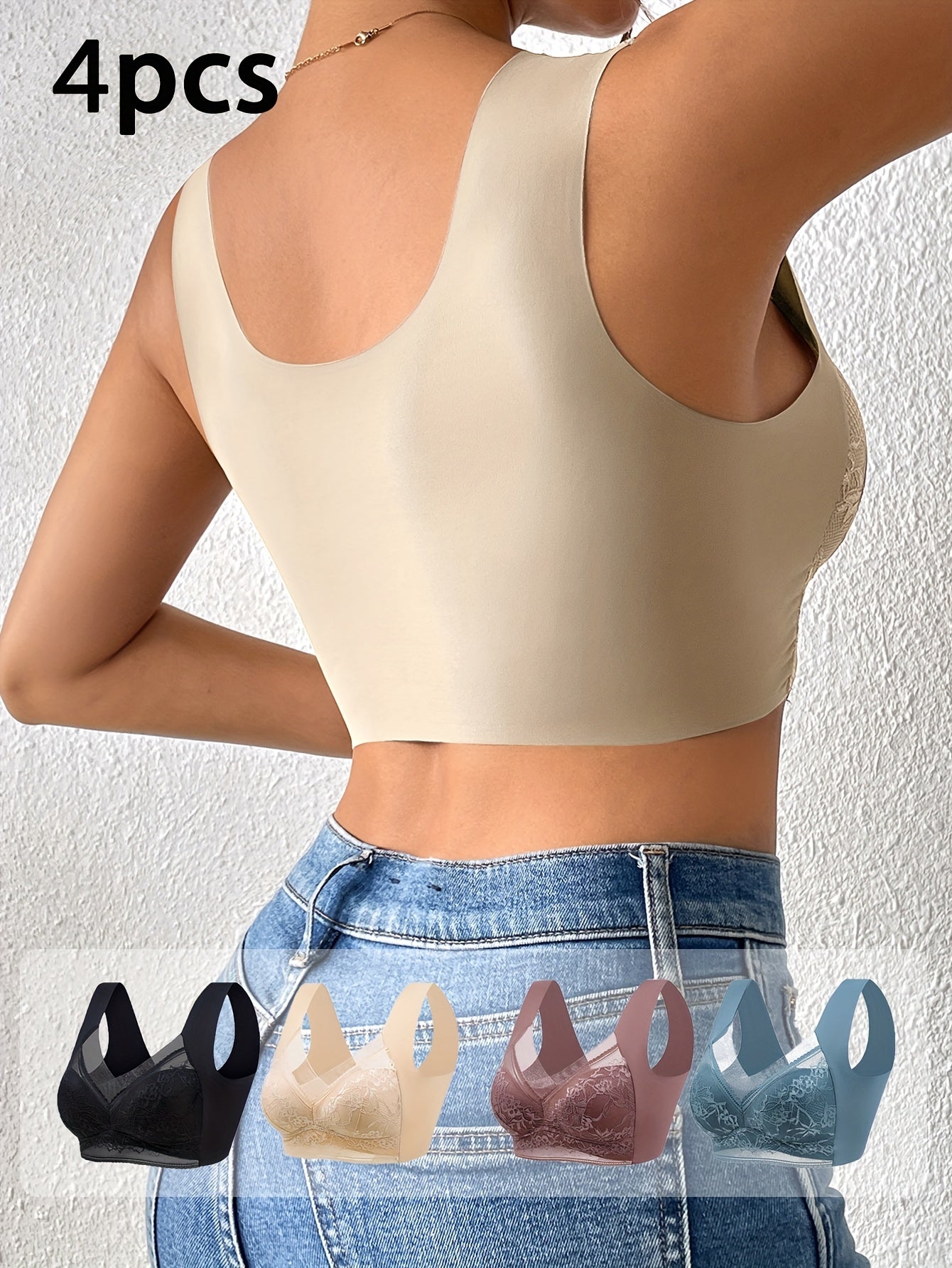 [4pcs Lace Bra] 4pcs Mixed Color Women's Lace Underwear | Daily Bra, No Steel Ring