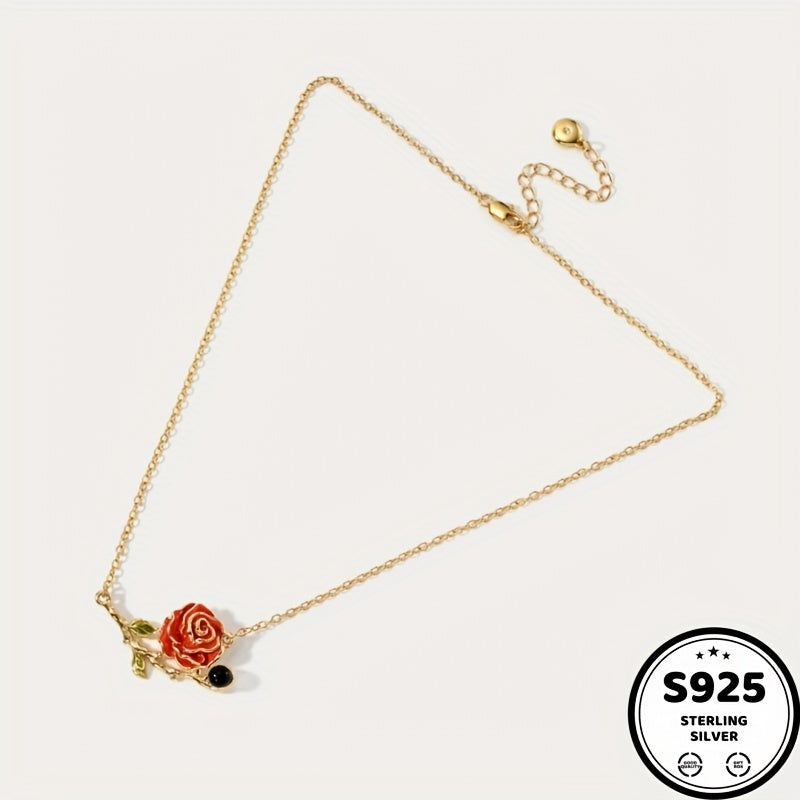 925 Sterling Silvery Red Rose Pendant Necklace, 18K gold plated 18K gold plated-plated Teenager'S Necklace, Chain, Waterproof, Sweat-proof, Inlaid With Synthetic Synthetic Zircon, Daily Wear, Holiday, Birthday, Anniversary