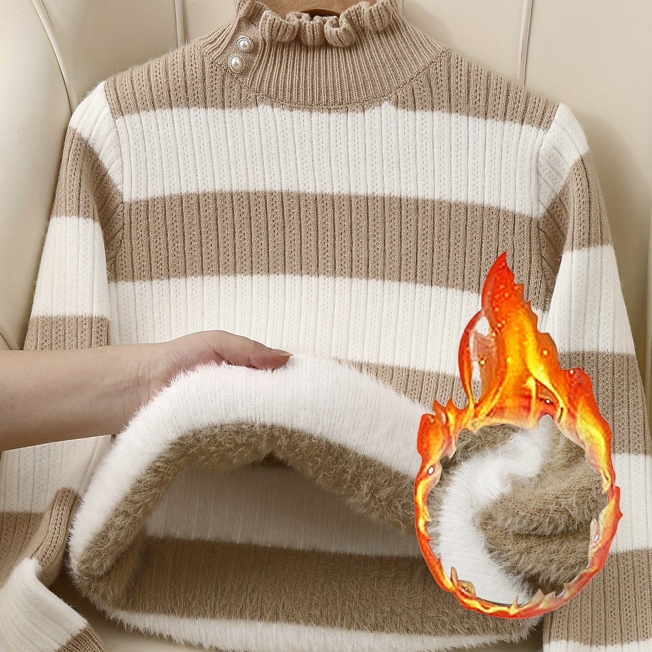 [Fleece Lined Sweater] Women's Cozy Red & White Striped Sweater with Button Detail - Warm Fleece-Lined Crew Neck, Casual Long Sleeve Pullover for Fall & Winter, Winter Clothing | Button Detail Sweater | Fleece Lined Sweater