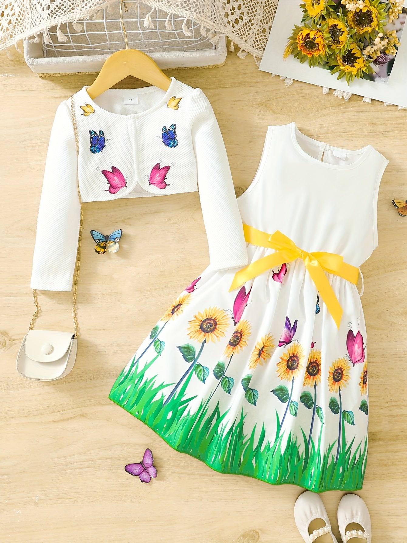 [Cute | Casual] 2pcs Cute Little Girl Butterfly Dresses | Floral Tank Dress And Graphic Cardigan Top Set | for Casual Look, Kids Clothing Gift