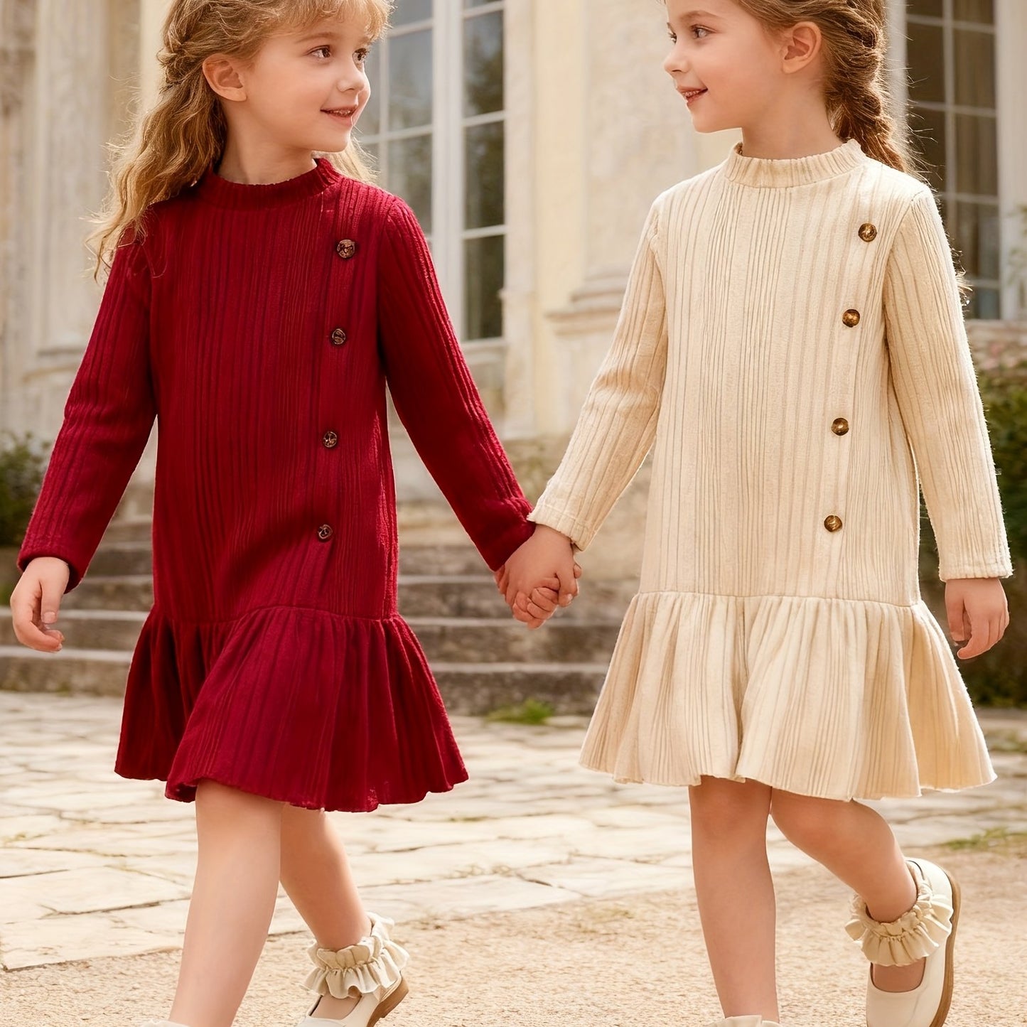 Girls' Casual Knit Two-Piece Dress with High Neck, Ruffled Hem and Button Decor - Knee-Length, Long Sleeve, and Burgundy Set - Perfect for Home, Outdoor, and Parties - Spring/Fall Seasonal Wear, Cute Dresses