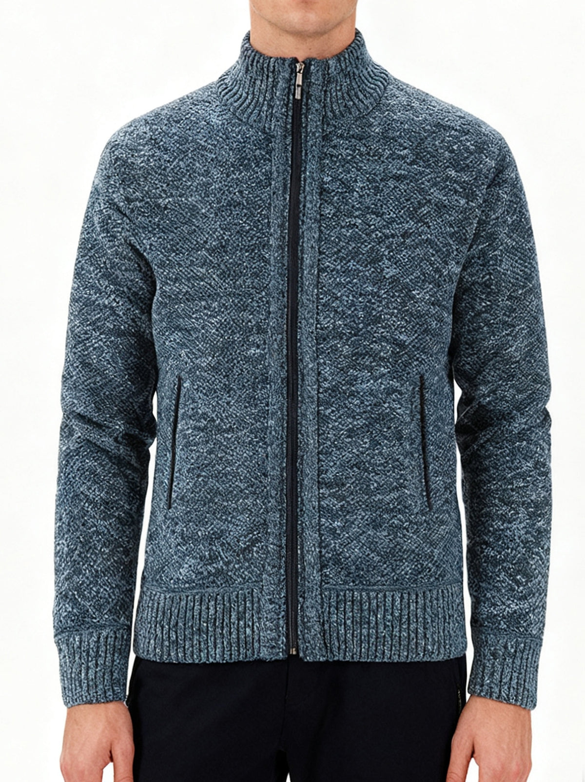 3pcs Set Men'S Fleece-Lined Knit Jacket with Polar Fleece Lining, Golf Collar & Zippered Front - Slim Stand Collar, Warm Winter & Autumn Coat, Casual to Semi-Formal Outerwear in /Dark Grey/Navy - Versatile Layering for Office