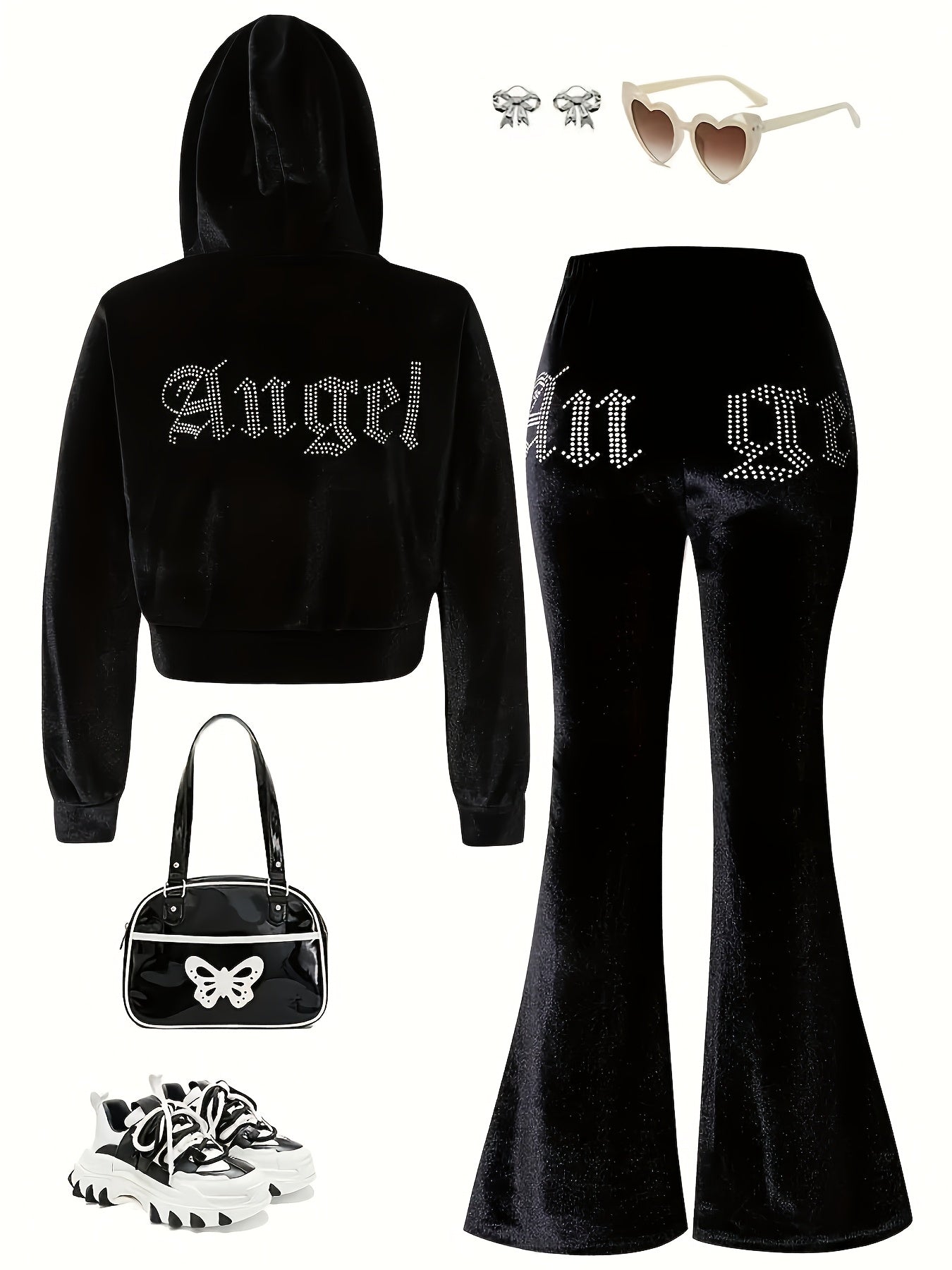 Fashionable Elegant Girls' Autumn and Winter Letter Print Black Hooded Long Sleeve Zip-Up Cardigan Top with Letter Print Black Casual Sports Flared Pants Two-Piece Set, for Outdoor, For Teenager