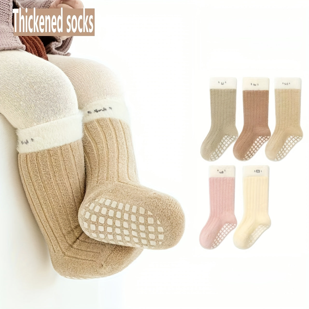 2-Pack Kids Floor Socks, Autumn/Winter Fleece-Lined Thick Warm Unisex Baby Mid-Calf Socks, Toddler Non-Slip Walking Socks