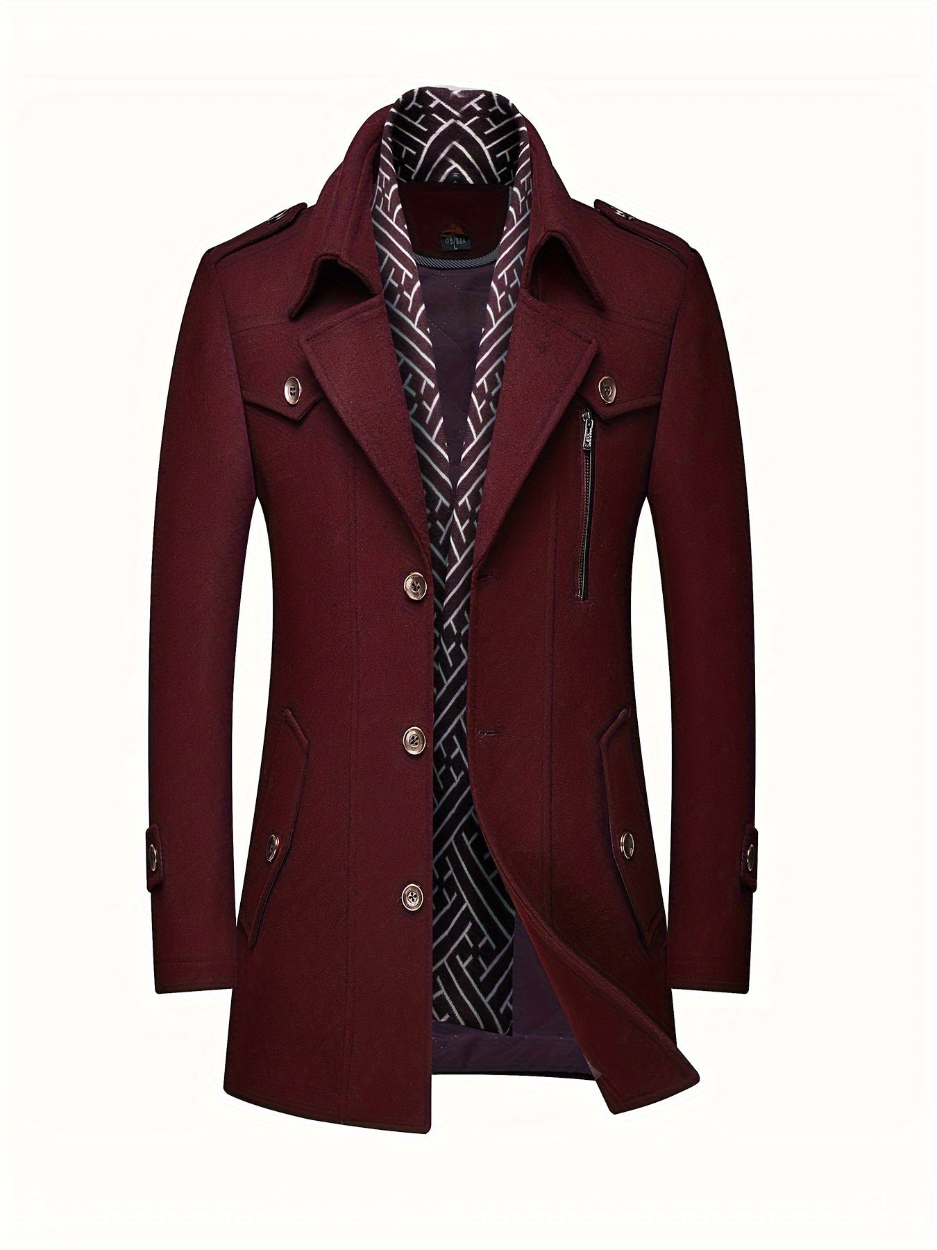 Men's Wool Blend Winter Coat with Detachable Scarf/Collars - Single-Breasted Trench Coat, Pocket & Durable - Warm Pea Jacket for Cold Weather, Casual & Formal Outfits (Hand Wash/Dry Clean)