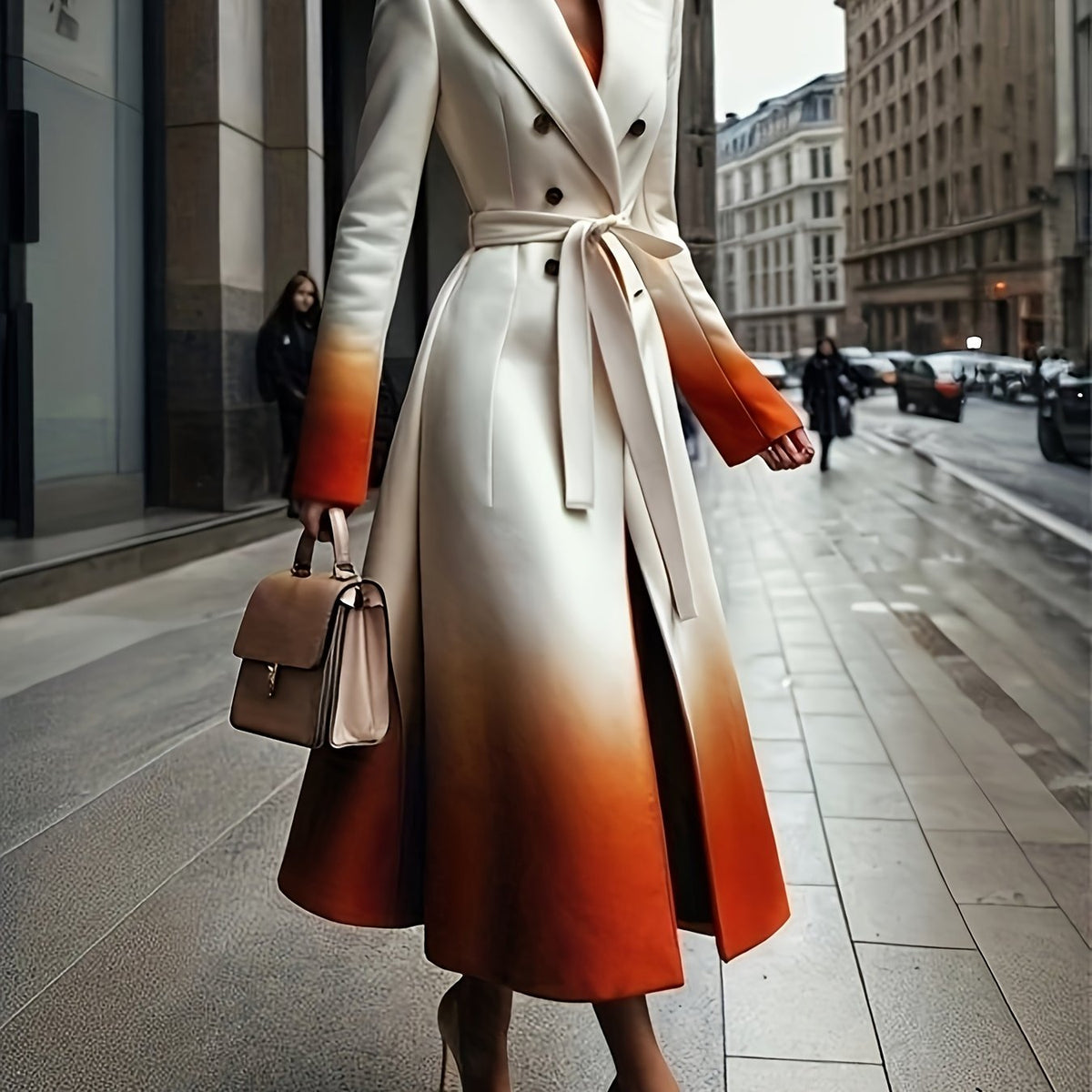 Women'S Winter New A-Line Long Sleeves Buttoned Gradient Split-Joint Tied Waist Notched Collar Coat